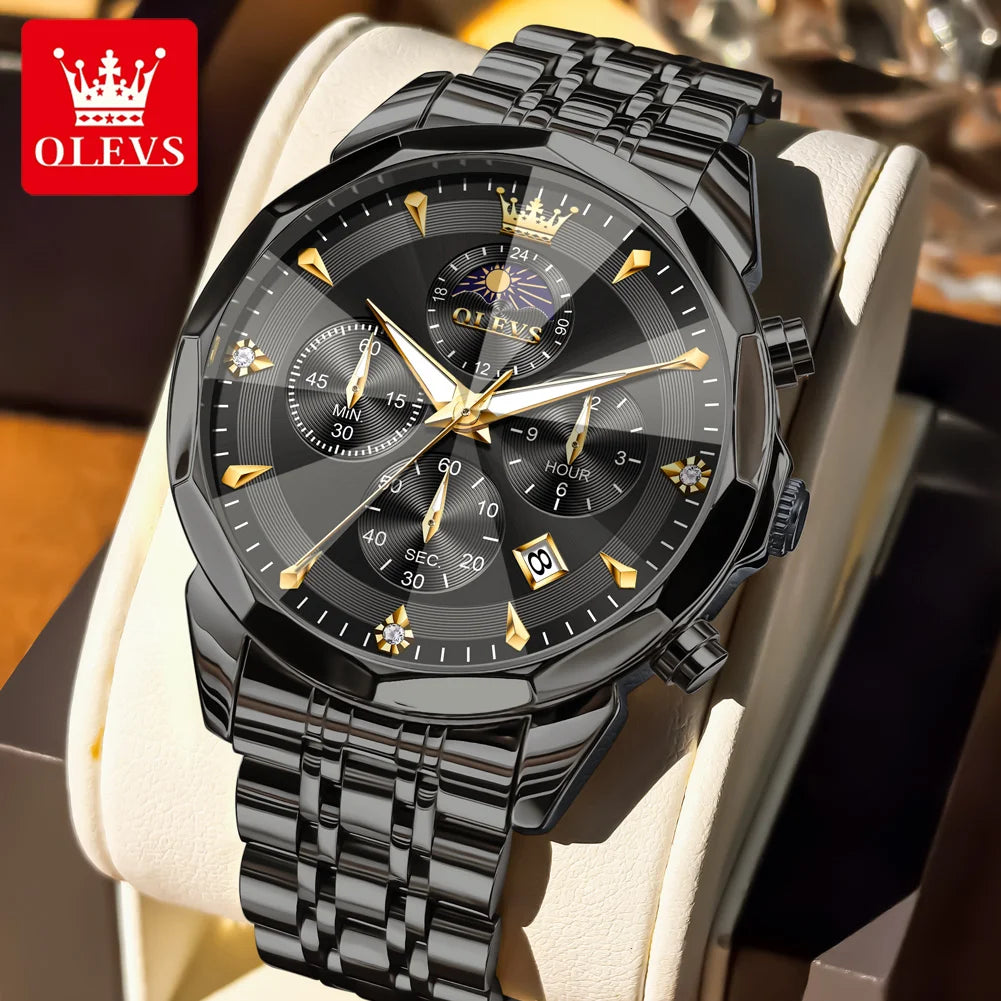 OLEVS 3673 Man Watch Fashion Chronograph Quartz Watch For Men 43mm Big Dial Moon Phase Calendar Waterproof Original Hand Clock