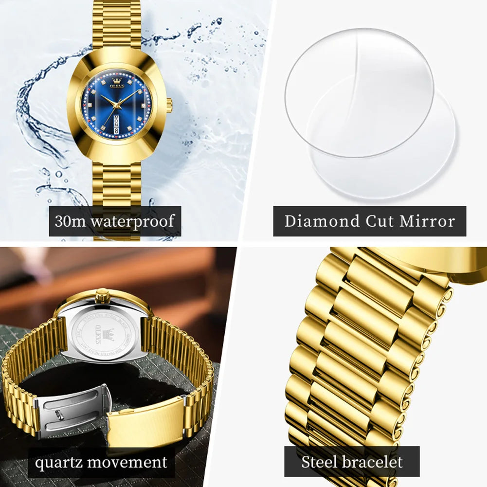 OLEVS 7017 Damenuhr Diamant Luxus Großes Zifferblatt Doppelkalender Quarz-Armbanduhren Top-Marke Wasserdichte Handuhr