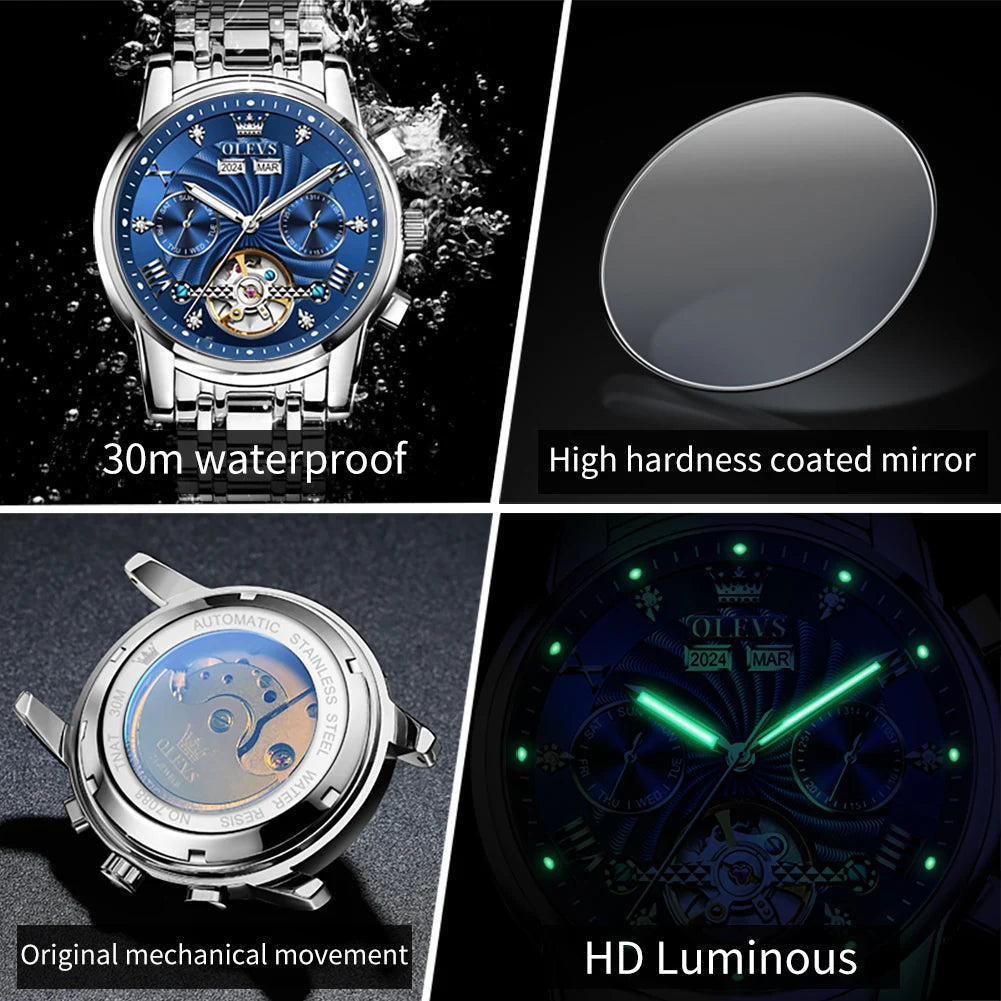 OLEVS Herrenuhr Mode Kalender Mechanische Uhr für Herren Original Hohl-Stahlarmband Business-Armbanduhr Tief wasserdicht 7088