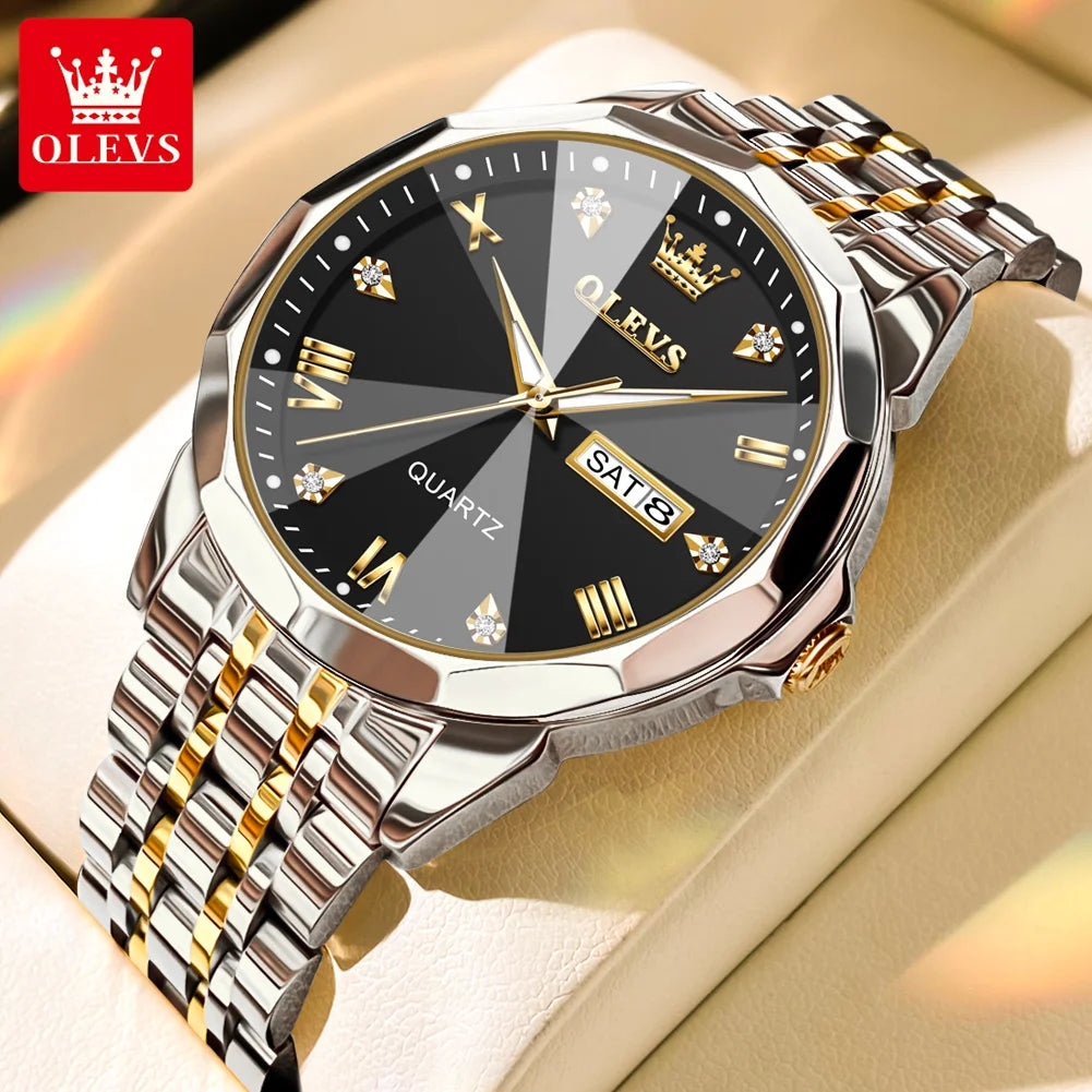 OLEVS 9931 Uhr für Herren und Damen Römische Skala Quarz-Paaruhr Rhombus-Spiegel Automatisches Datum Armbanduhr Luxus Wasserdichte Handuhr