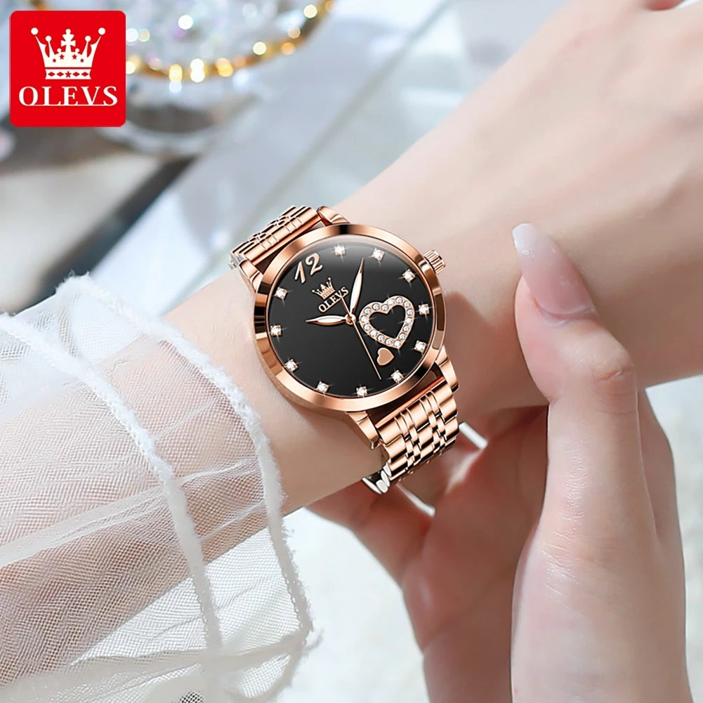 OLEVS 5189 Damenuhren Luxus Wasserdichte Quarzuhr für Damen Leuchtende Edelstahl Herzform Einfaches Zifferblatt Zeiger Uhr