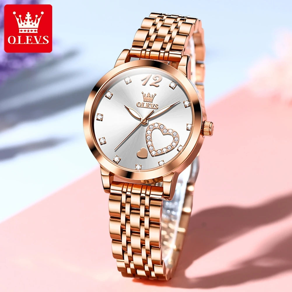 OLEVS 5189 Damenuhren Luxus Wasserdichte Quarzuhr für Damen Leuchtende Edelstahl Herzform Einfaches Zifferblatt Zeiger Uhr