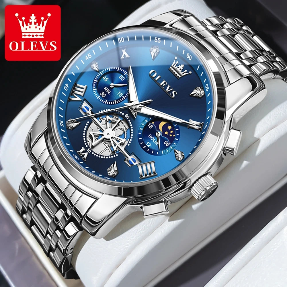 OLEVS 42mm Herrenuhr mit großem Zifferblatt, Mondphase, 24-Stunden-Anzeige, wasserdichte Quarz-Herrenarmbanduhr, Original Luxus Armbanduhr 2856