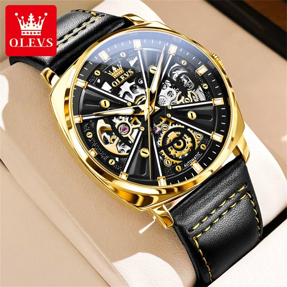 OLEVS 6685 Automatic Watch For Men Original Hollow Skeleton Mechanical Man Watches Top Brand Waterproof Leather Male Hand Clock