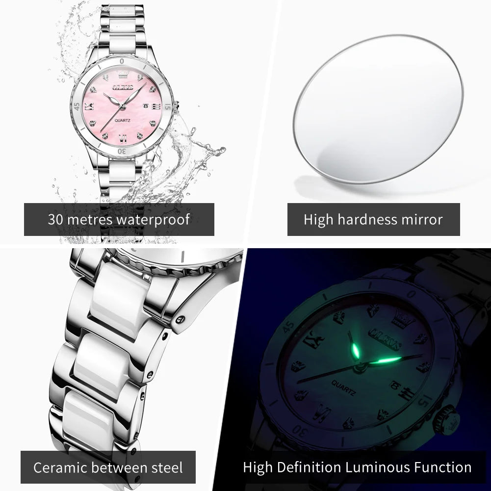OLEVS 9985 Damenuhr Keramik Armband Mode Datum Quarzuhr für Damen Top Marke Wasserdicht Elegante Damenuhr