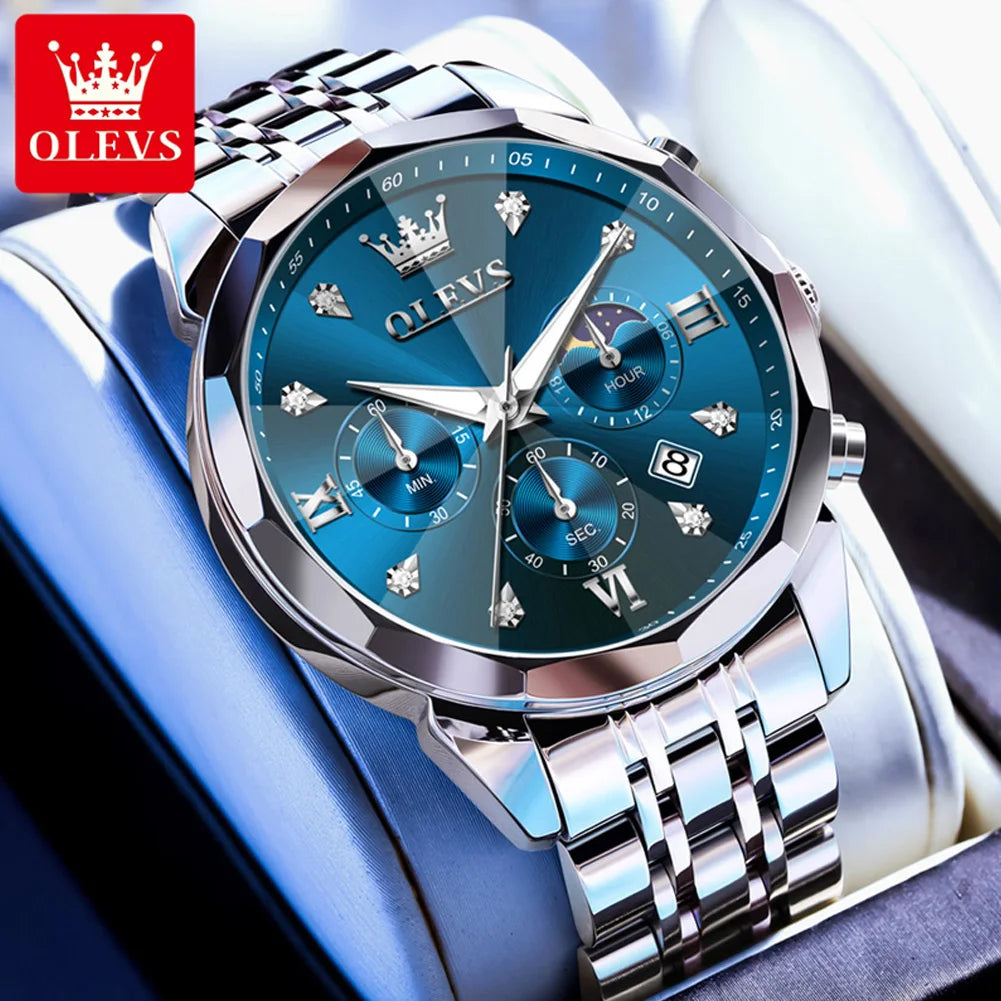 OLEVS 3670 Men's Watch Fashion Date Moon Phase Luminous Quartz Watch For Men Luxury Chronograph Waterproof Business Hand Clock