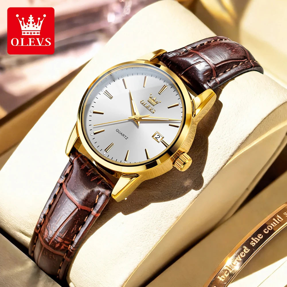 OLEVS 6898 Damen-Armbanduhr Mode Klassisch Datum Quarzuhren für Frauen Lederarmband Wasserdicht Leuchtend Damenuhr