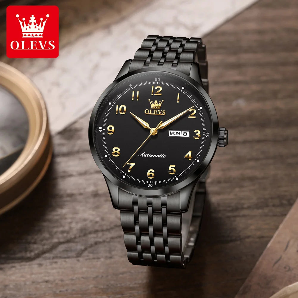 OLEVS Herren Luxus Mechanische Armbanduhren für Herren Wasserdichte Leuchtende Dual-Kalender Uhren Edelstahl-Uhr 7100