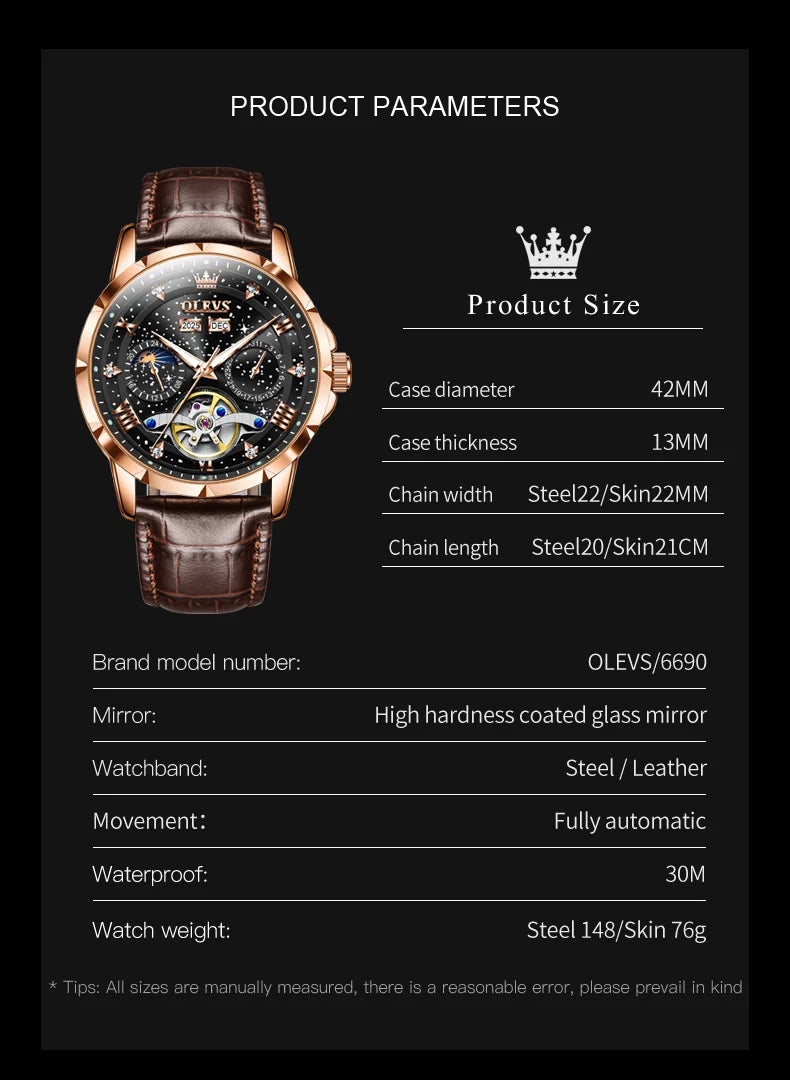 OLEVS 6690 Herrenuhr, hohle Mode-Datumsuhr, mechanische Uhr für Männer, Mondphase, tief wasserdicht, leuchtend, Original Herren Armbanduhr