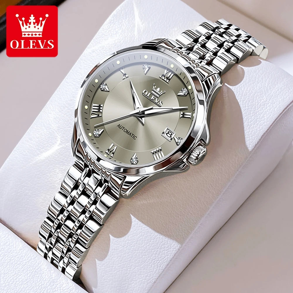 OLEVS 6702 Damenuhr Stahlarmband Automatische Datumsanzeige Mechanische Uhr für Damen Römische Skala Luxus Leuchtend Wasserdicht Damenuhr