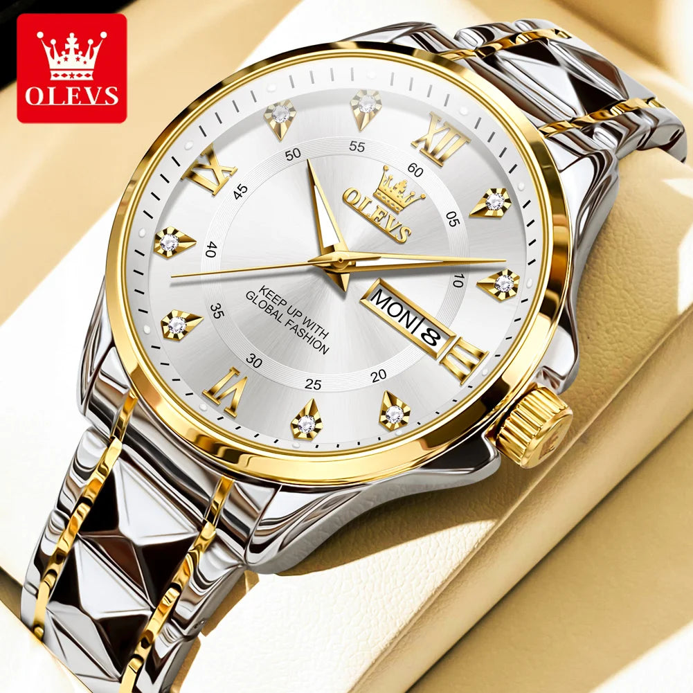 OLEVS 2906 Paar-Armbanduhr Original Römisches Zifferblatt Diamantenbesatz Luxus Quarz Uhr Für Herren Damen Rhombus Armband Wasserdicht Zeigeruhr