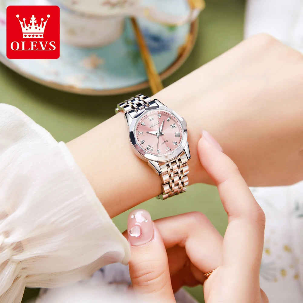 OLEVS 9931 Original Quarzuhren für Damen, Rauten-Spiegel, wasserdicht, leuchtend, Edelstahl-Armbanduhren, Kalender, Neu