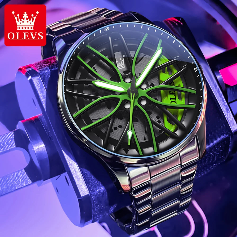 OLEVS Herrenuhr Quarzuhr Original drehbares Radnaben-Zifferblatt Modetrend Wasserdicht Leuchtend Edelstahl Armbanduhr 9937