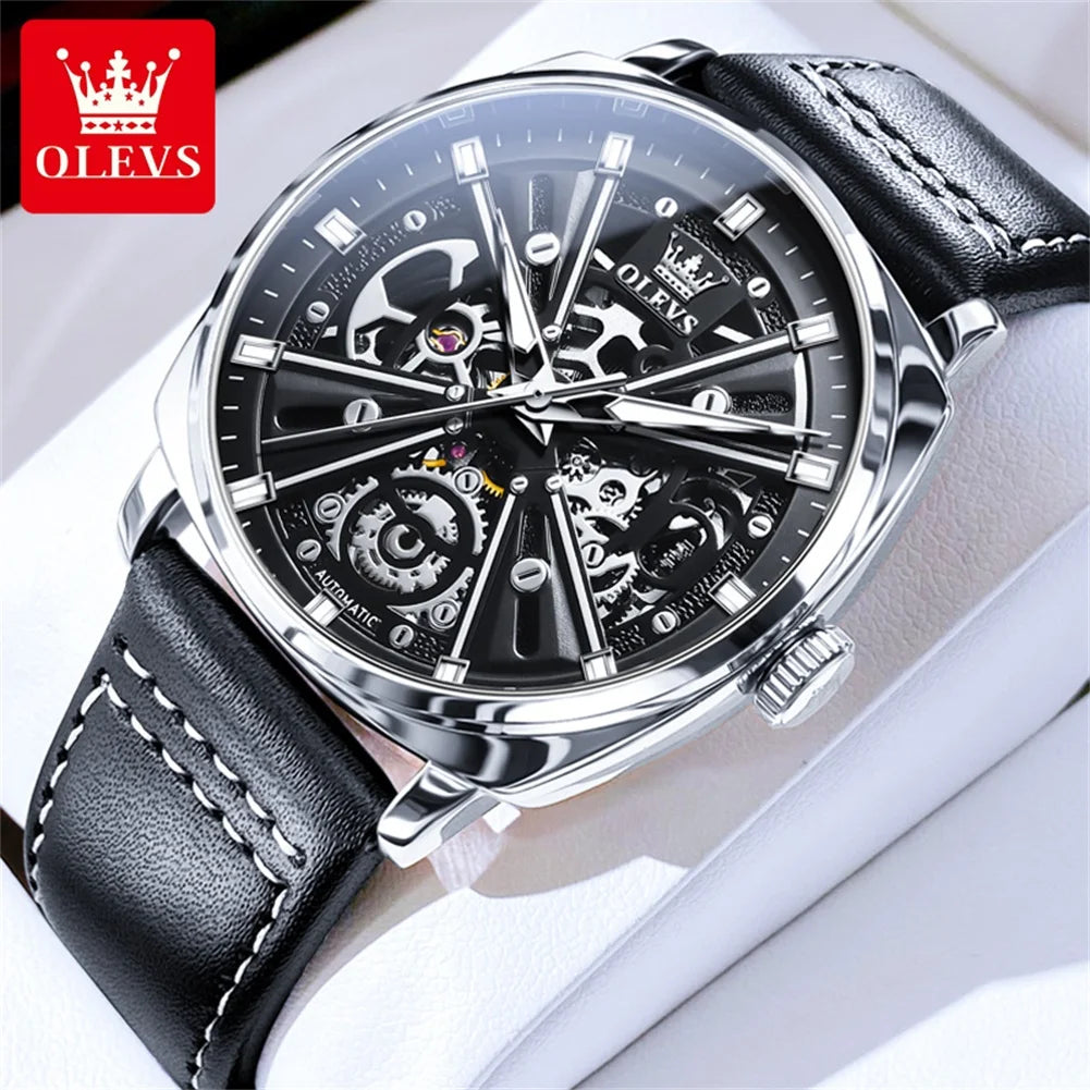 OLEVS 6685 Automatikuhr für Herren, original hohle Skelett-Mechanikuhr, Top-Marke, wasserdicht, Leder, Herren-Armbanduhr