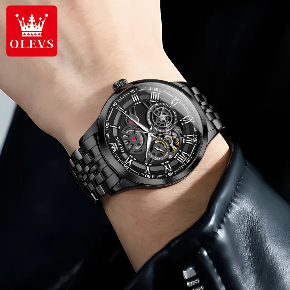 OLEVS 7076 Herren Automatikuhr Mode Hohl Mechanische Uhr Für Herren Wasserdicht Edelstahlarmband Römische Ziffern Skala Handuhr