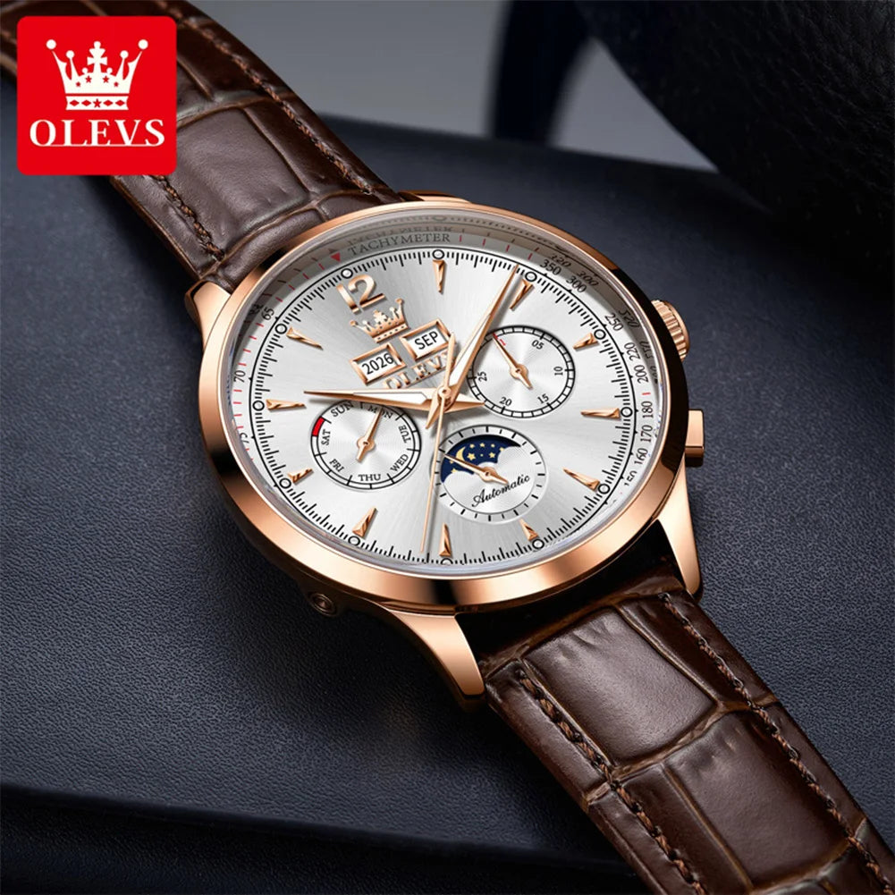 OLEVS 7128 Herrenuhr Luxus Klassische Automatische Mechanische Armbanduhr Wasserdichter Ewiger Kalender Mondphasenuhren Für Herren