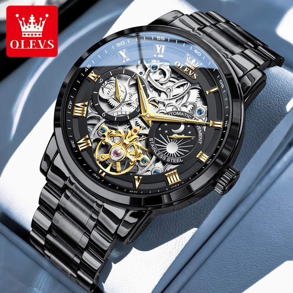 OLEVS Herrenuhr Original Luxusmarke Skelett Mechanische Armbanduhr Mondphase Wasserdicht Business Herrenuhr 6670