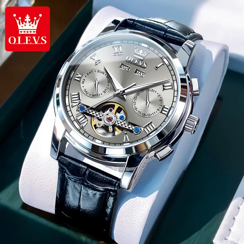 OLEVS Uhren für Herren Luxus-Edelstahl-Schwungrad-Automatik-Uhr Handuhr Woche Datum Wasserdicht Leuchtende Herrenuhr 6607