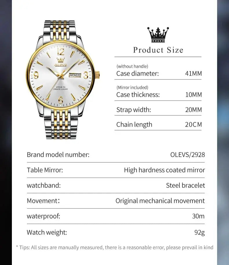 OLEVS 2928 Uhr Herren Einfache Quarz-Kleideruhr Für Männer Ziffernskala Wasserdicht Edelstahl Wochentagsdatumsanzeige Männliche Armbanduhr