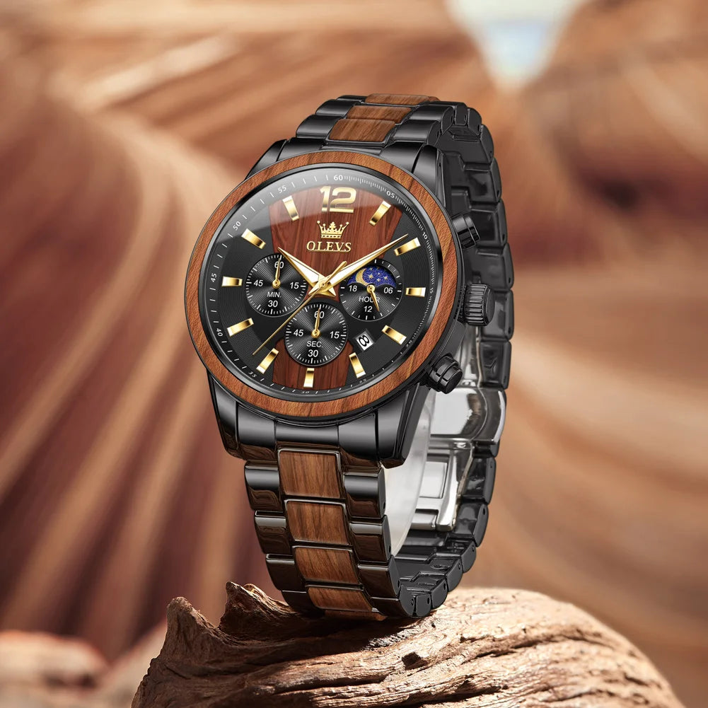 OLEVS 3645 Quartz Watch For Men Fashion Chronograph Steel Wood 44mm Big Dial Hand Clock Moon Phase Waterproof Luminous Man Watch