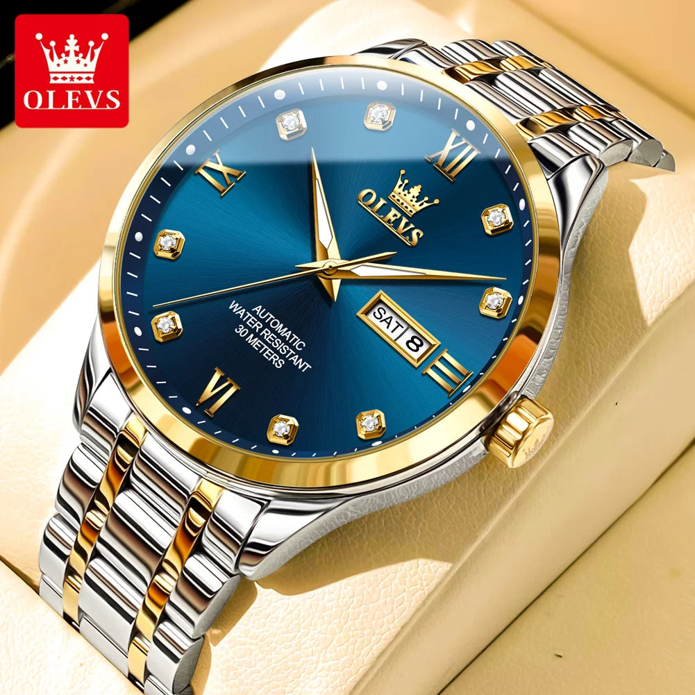 OLEVS Uhren Luxus Herren Business Diamantskala Automatik Mechanische Uhr Doppelkalender Wasserdicht Herren Armbanduhr 9946