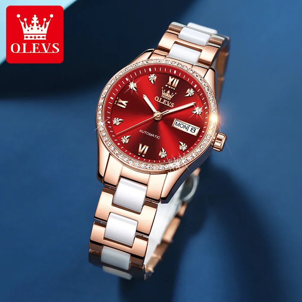 OLEVS 6637 Damenarmbanduhren Wasserdichte Dual-Kalender Mechanische Uhr für Frauen Original Diamant-Skala Leuchtende Luxus-Handuhr