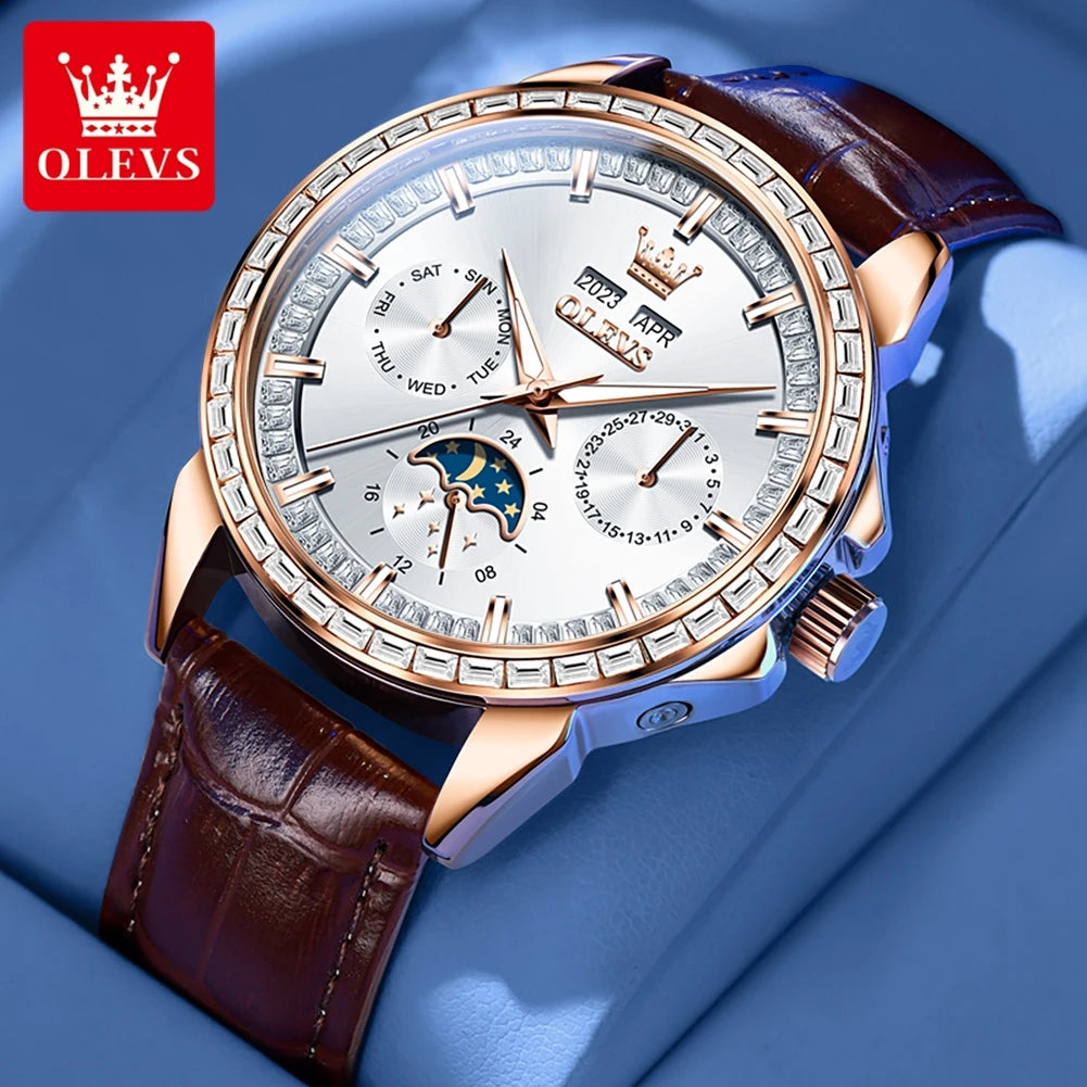 OLEVS 6695 Luxus-Geschäftsuhren für Herren, Mondphasen-Automatikuhr, wasserdichte Herrenarmbanduhr, Geschenkbox, Uhr