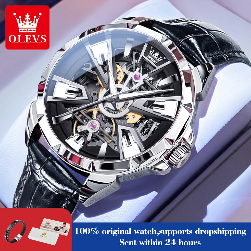 OLEVS 7051 Uhr für Herren, modisch, hohl, automatisch, mechanisch, wasserdicht, leuchtend, original Sport Herrenuhren