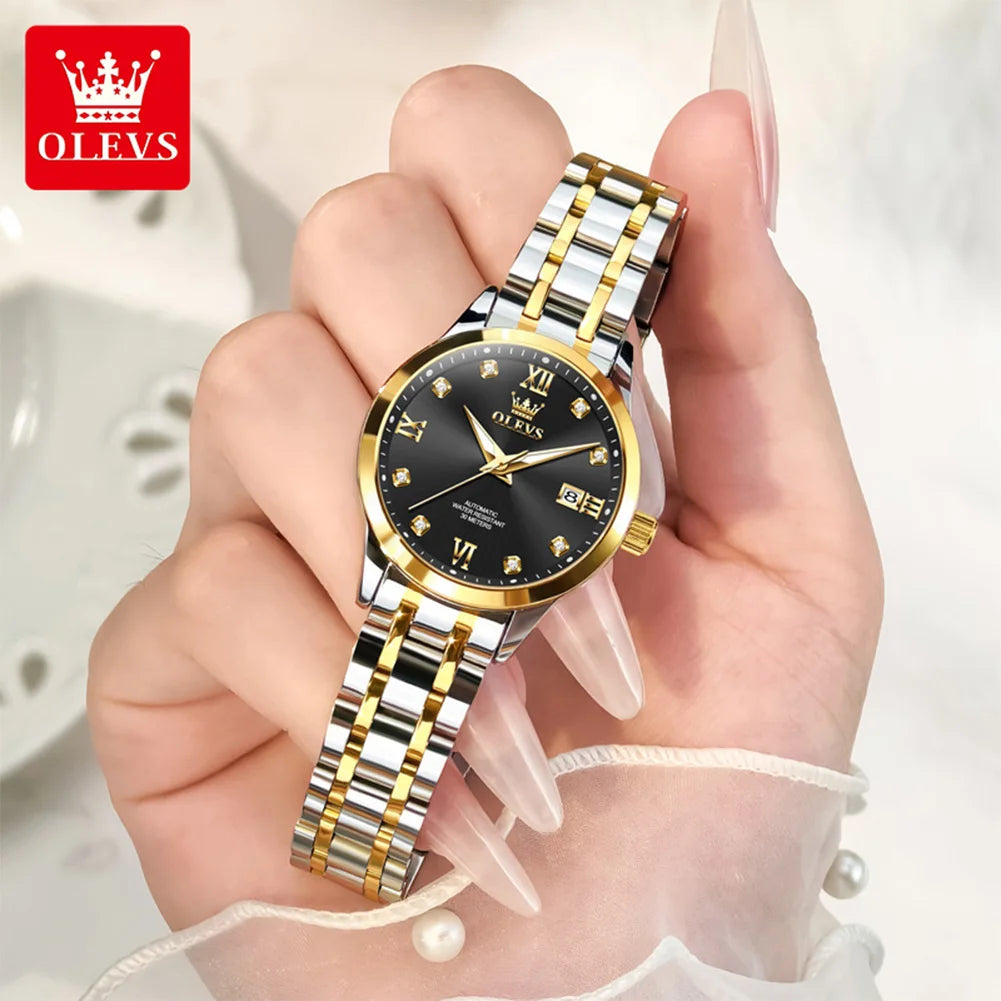 OLEVS Uhren Damen Automatikuhr Mechanische Uhr Mode Original Diamant Skala Damenuhr Kalender Luxus Kleid Handuhr 9946