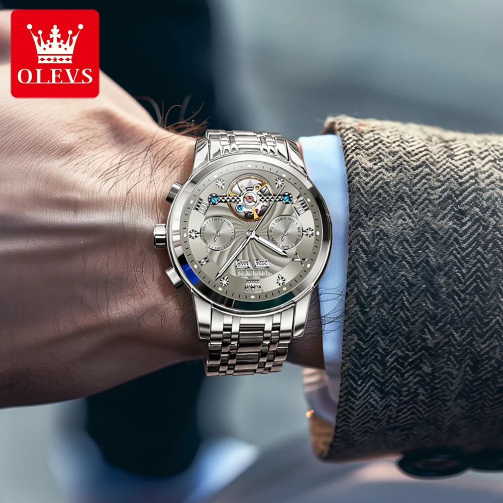 OLEVS 7088 Herrenuhr Mode Kalender Mechanische Uhr für Herren Original Hohl-Stahlarmband Business Armbanduhr Tief Wasserdicht