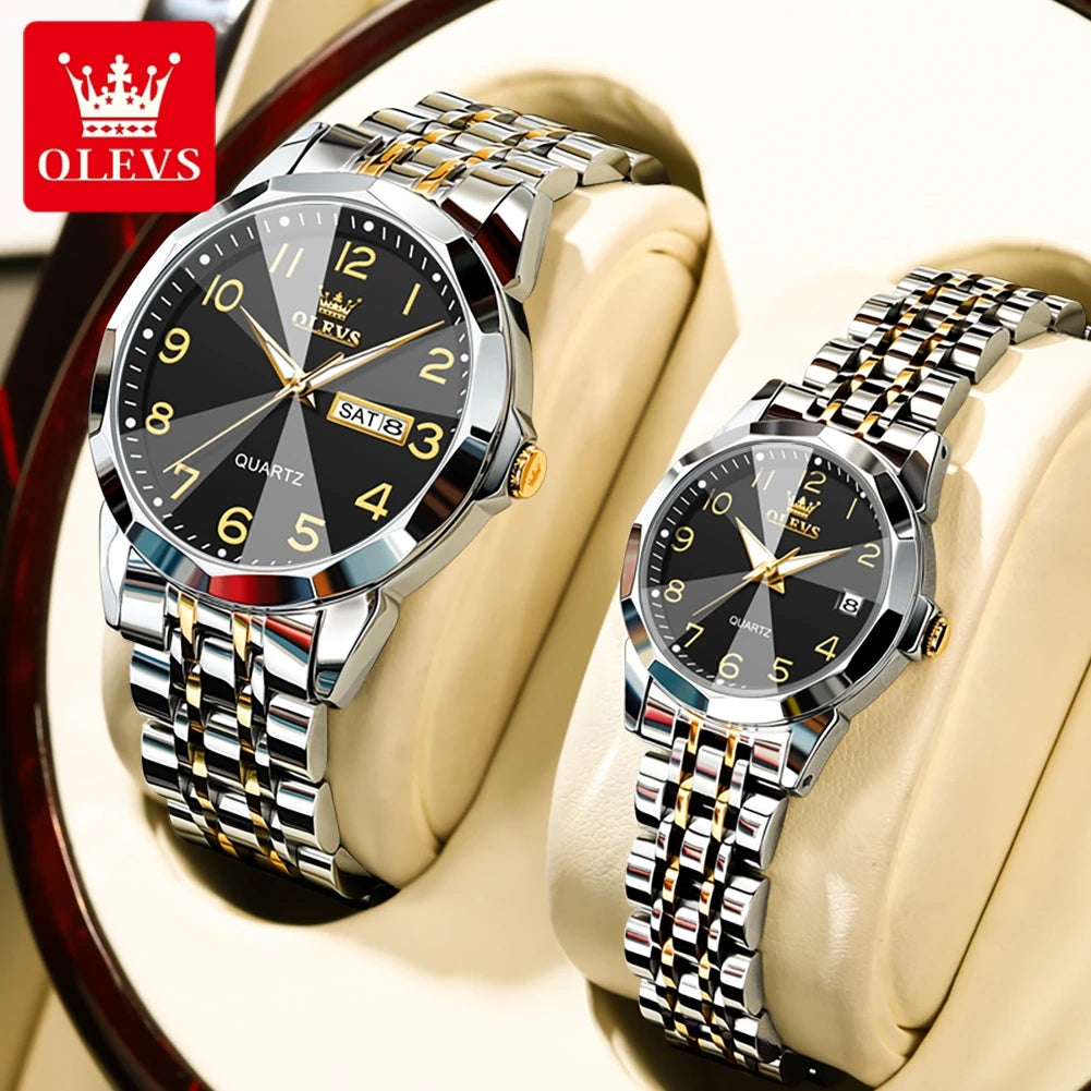 OLEVS 9970 Paar-Armbanduhr für Herren und Damen, luxuriöses Zifferblatt, Rhombus-Spiegel, Quarz-Handuhr, Edelstahl, originale Kleideruhren