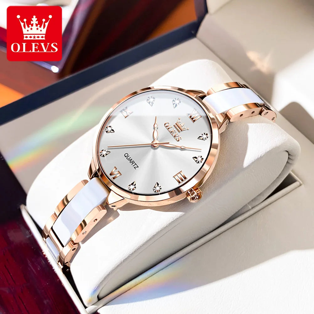 OLEVS 5872 Damenarmbanduhr Mode Elegante Quarzuhr für Frauen Keramik-Edelstahlarmband Wasserdichte Damenuhr Reloj