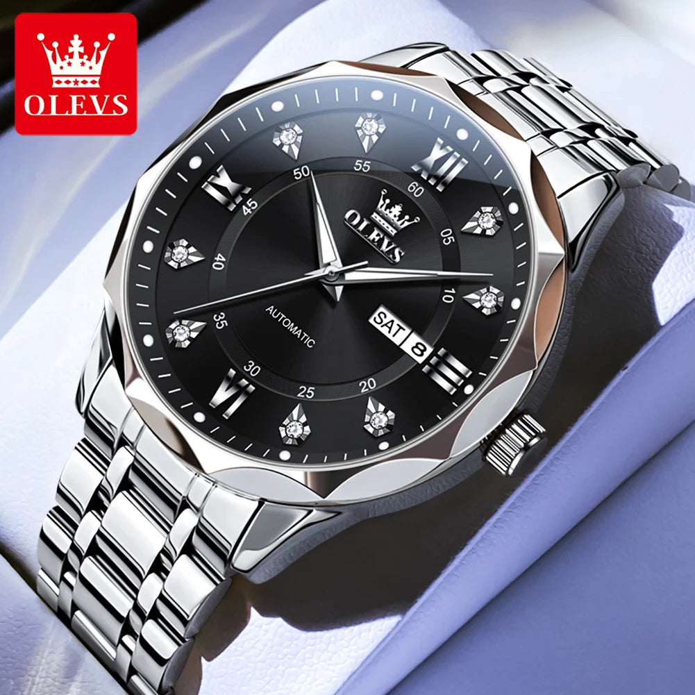 OLEVS 6727 Herren Automatikuhr Luxus Dual Kalender Mechanische Armbanduhr für Herren Zirkonskala Edelstahlarmband Wasserdichte Herrenuhr