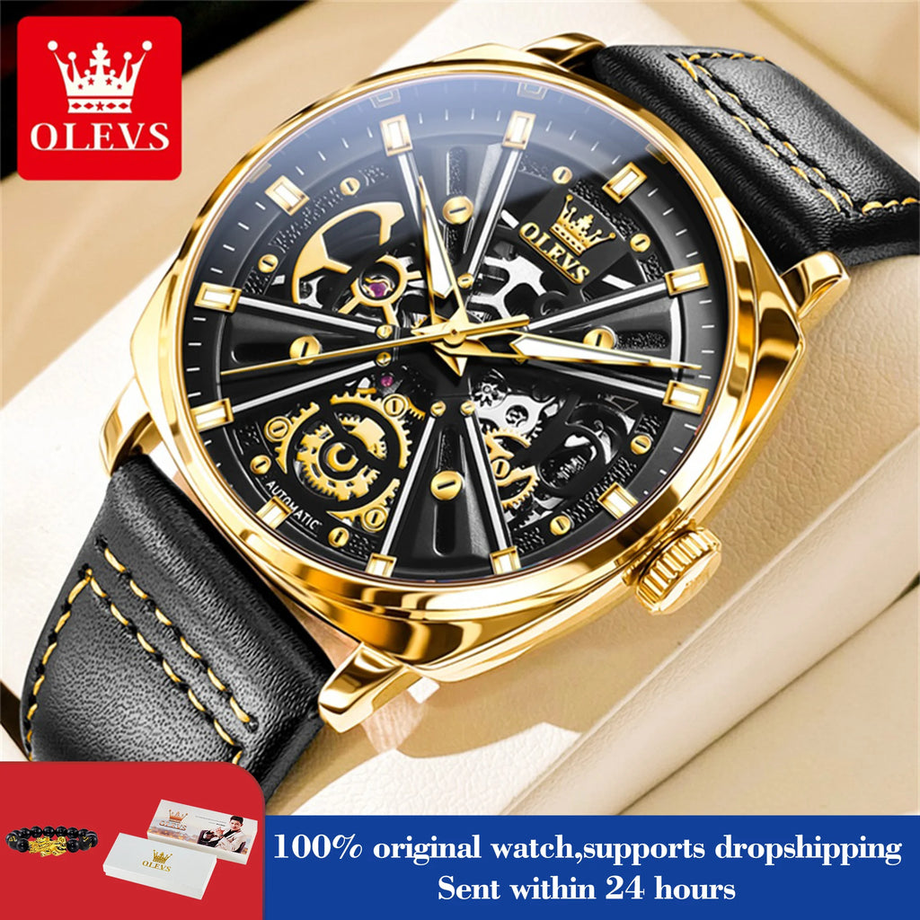 OLEVS 6685 Automatic Watch For Men Original Hollow Skeleton Mechanical Man Watches Top Brand Waterproof Leather Male Hand Clock