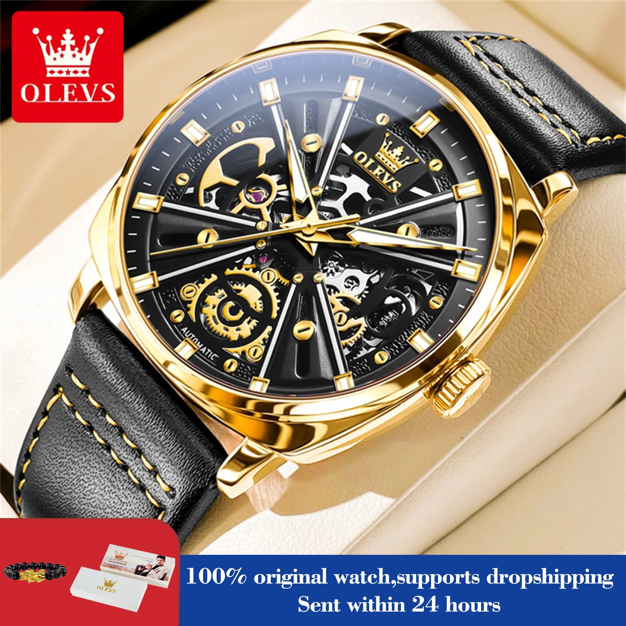 OLEVS 6685 Automatic Watch For Men Original Hollow Skeleton Mechanical Man Watches Top Brand Waterproof Leather Male Hand Clock