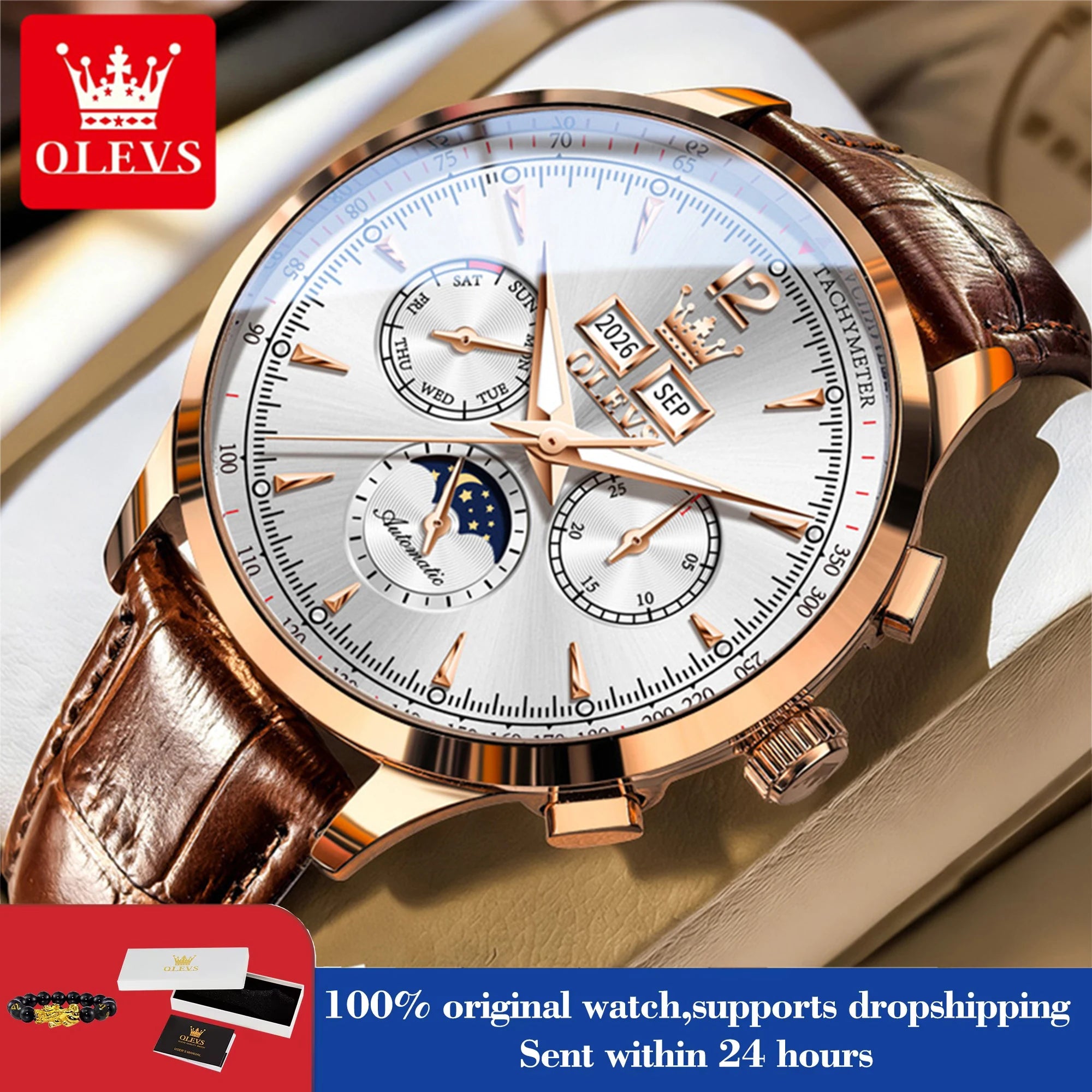 OLEVS 7128 Herrenuhr Luxus Klassische Automatische Mechanische Armbanduhr Wasserdichter Ewiger Kalender Mondphasenuhren Für Herren