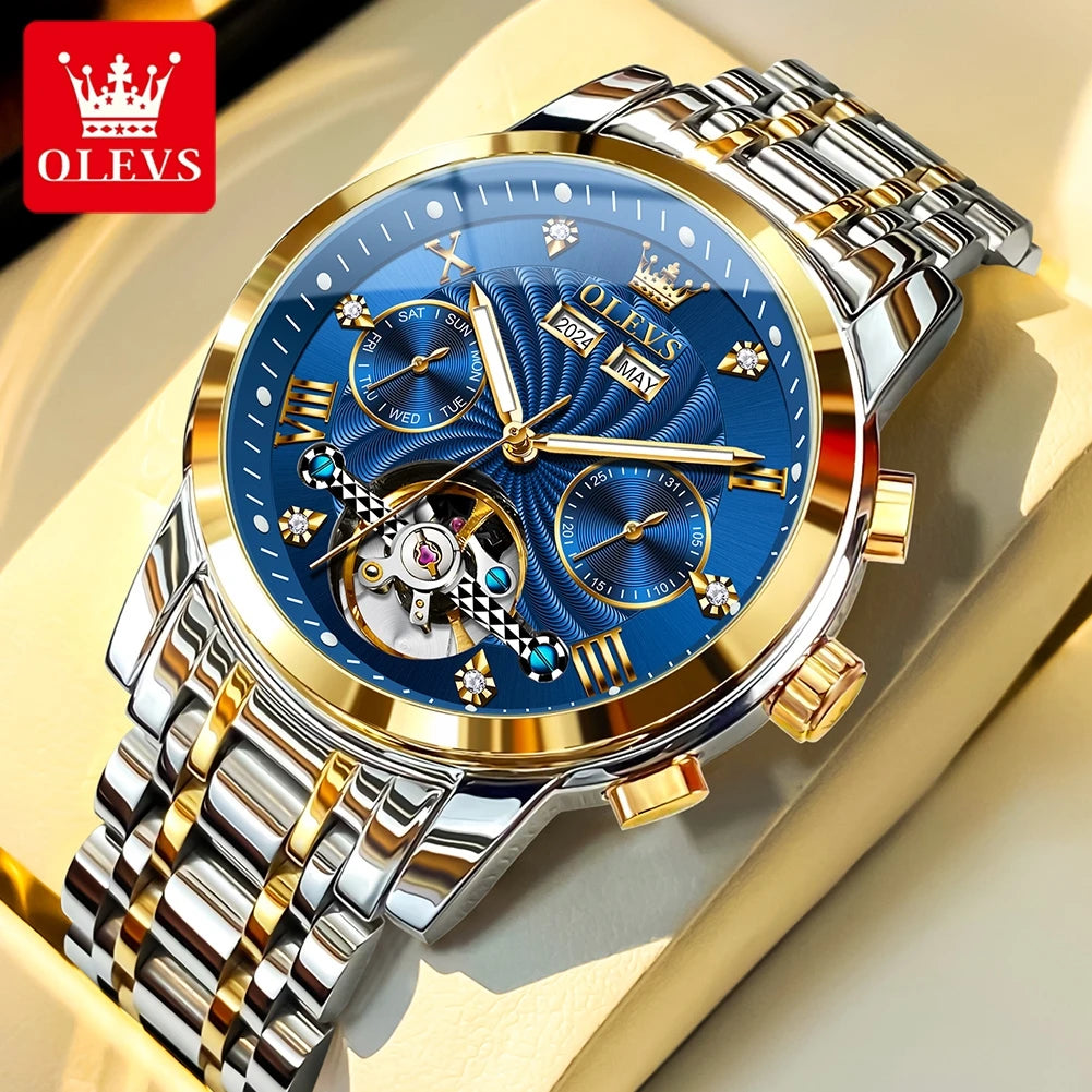 OLEVS 7088 Herrenuhr Mode Kalender Mechanische Uhr für Herren Original Hohl-Stahlarmband Business Armbanduhr Tief Wasserdicht