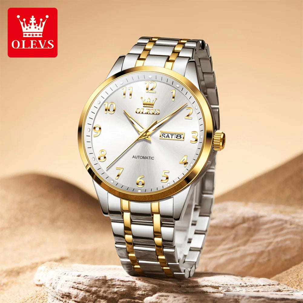 OLEVS 7078 Herren Automatikuhr Top-Marke Doppelte Kalender Mechanische Uhr Für Männer Ziffernblatt Business Armbanduhr Stahlarmband