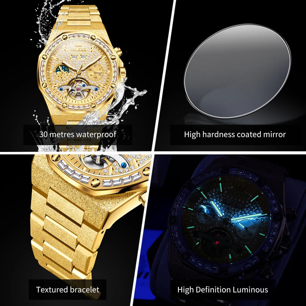 OLEVS 9805 Herrenuhr Luxus Klassische Hohl Skelett Diamant Wasserdichte Herren Handuhr Mondphase Datum Mechanische Uhr Für Männer