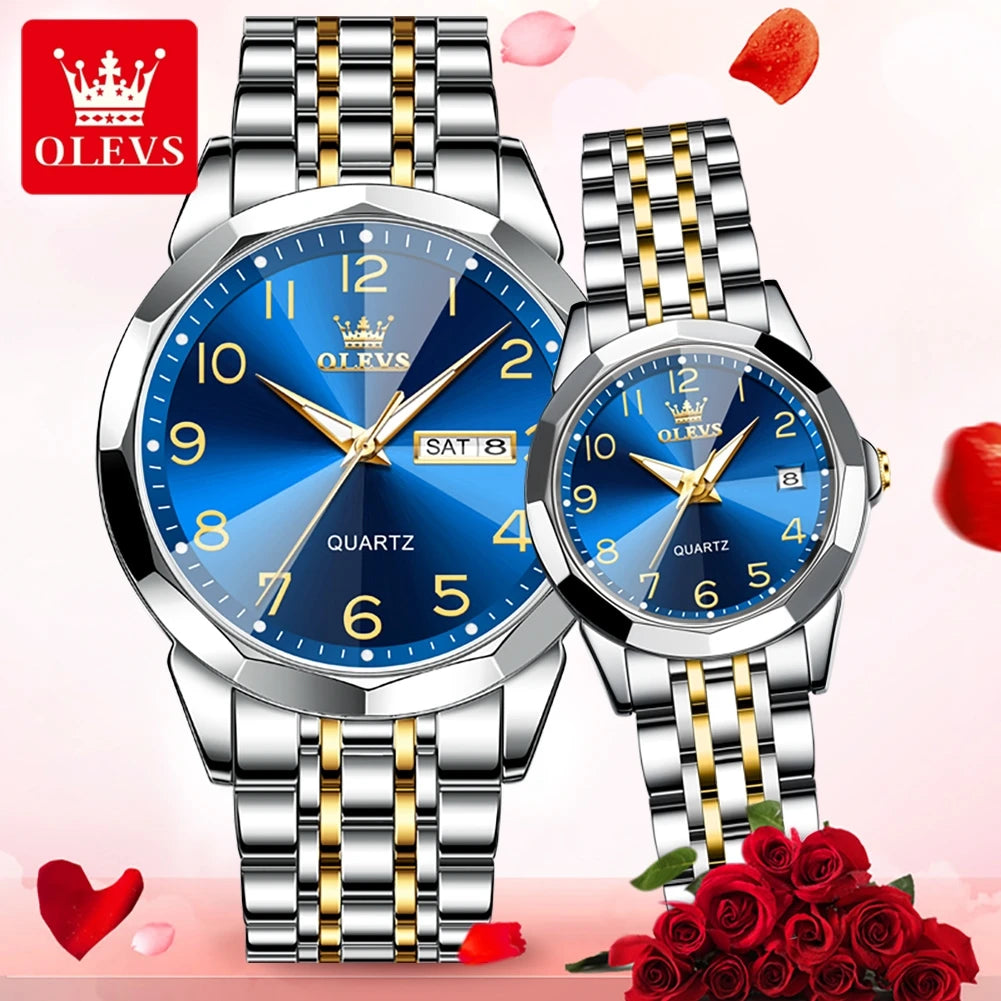 OLEVS 9970 Paar-Armbanduhr für Herren und Damen, luxuriöses Zifferblatt, Rhombus-Spiegel, Quarz-Handuhr, Edelstahl, originale Kleideruhren