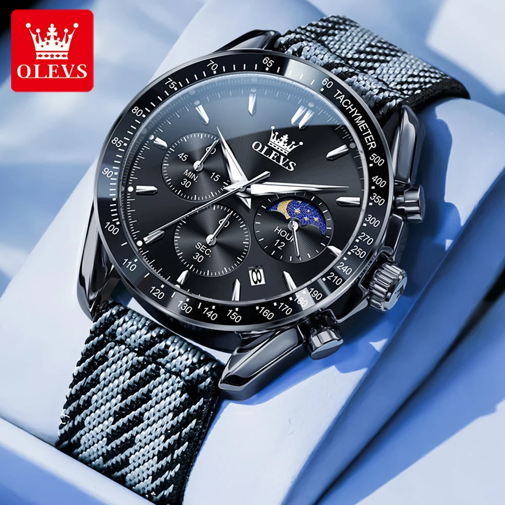 OLEVS 3630 Quartz Man Watch Date Chronograph 24 Hour Moon Phase Waterproof Watch For Men Fashion Nylon Strap Original Hand Clock