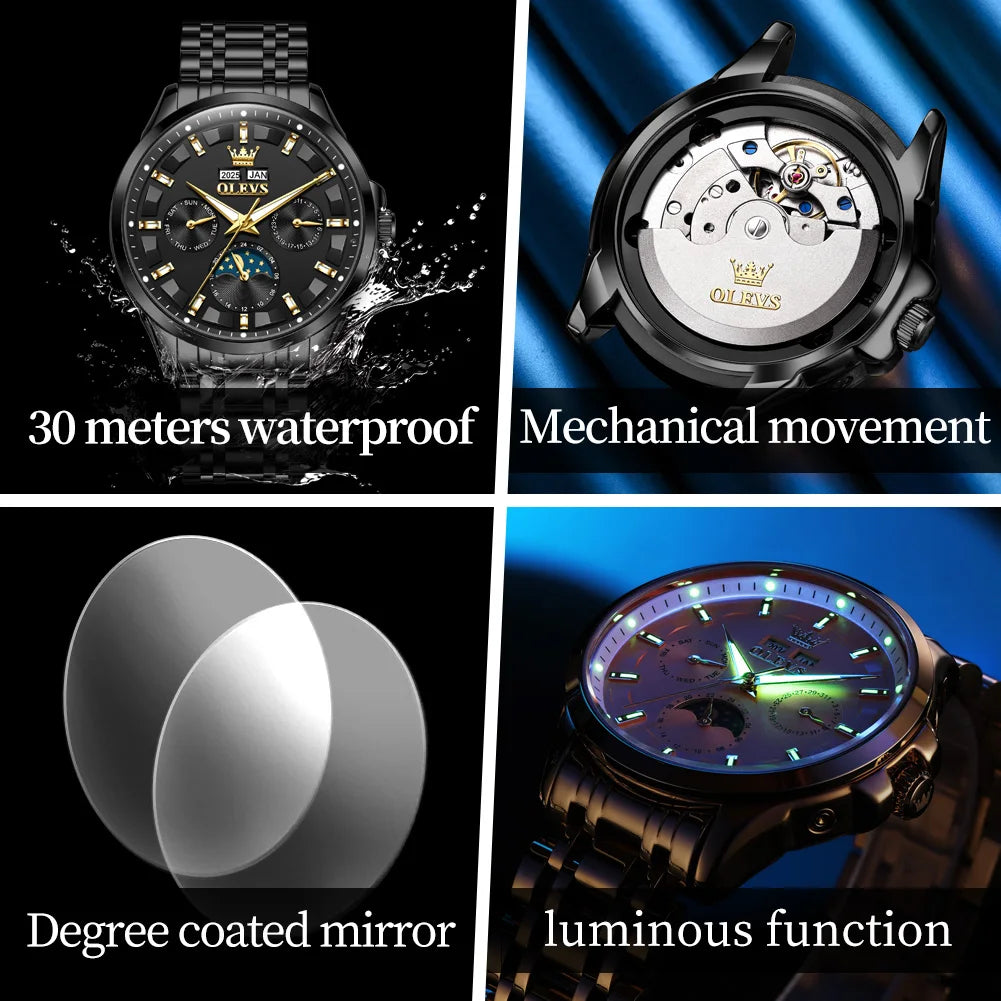 OLEVS 7070 Uhr Herren Original Mechanische Uhr für Männer Mondphase Kalender Wasserdicht Mode Automatische Handuhr Stahlband