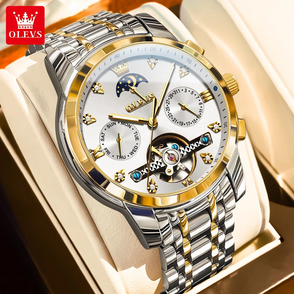 OLEVS Herrenuhren Business Mondphase Luxus Automatische Mechanische Uhr Für Herren Wasserdicht Edelstahl Woche Datum Uhr 6678