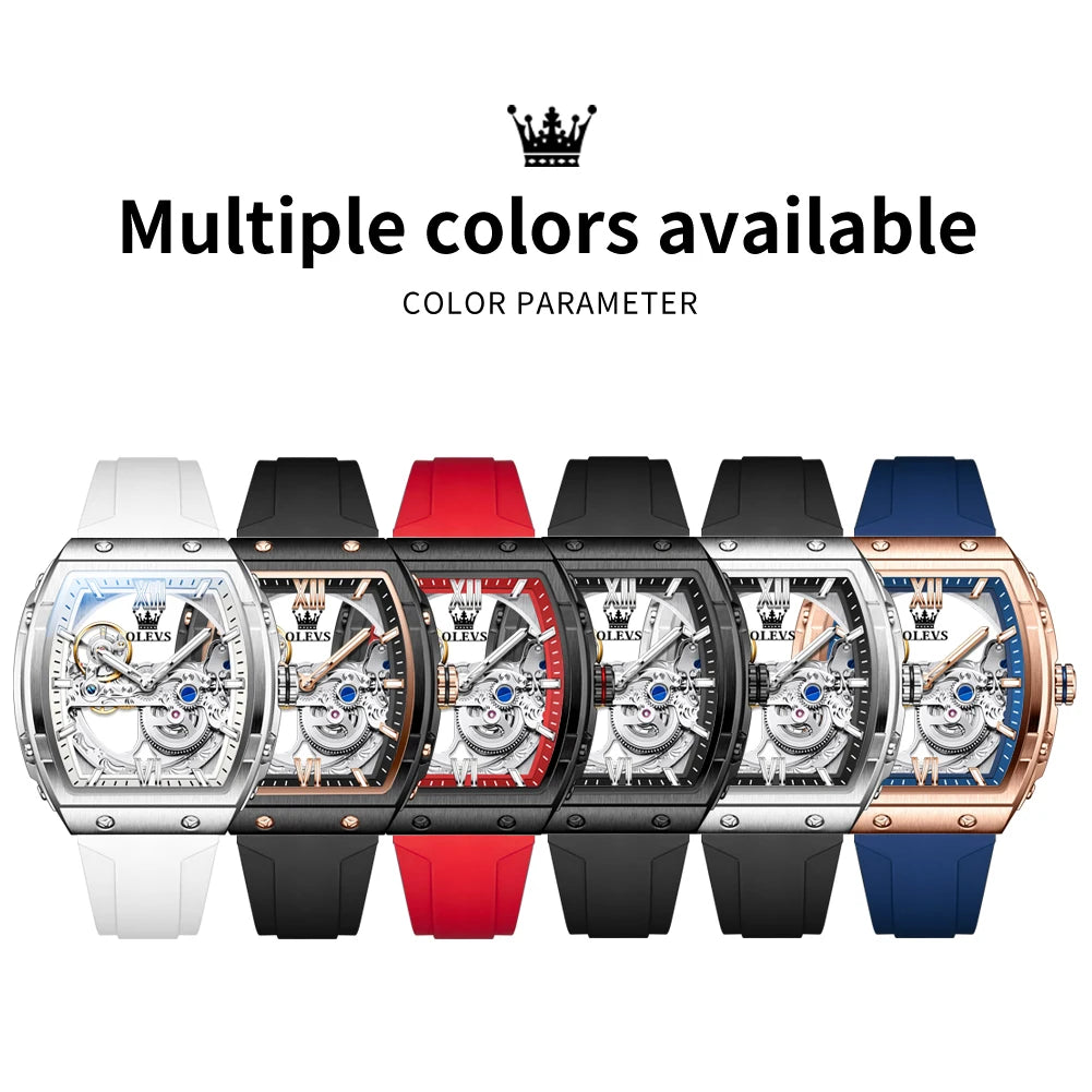 OLEVS 6779 Herrenuhr Skelett Luxus Tonneau Mechanische Uhren für Männer Wasserdichtes Silikonarmband Automatische Handaufzugsuhr Geschenkbox