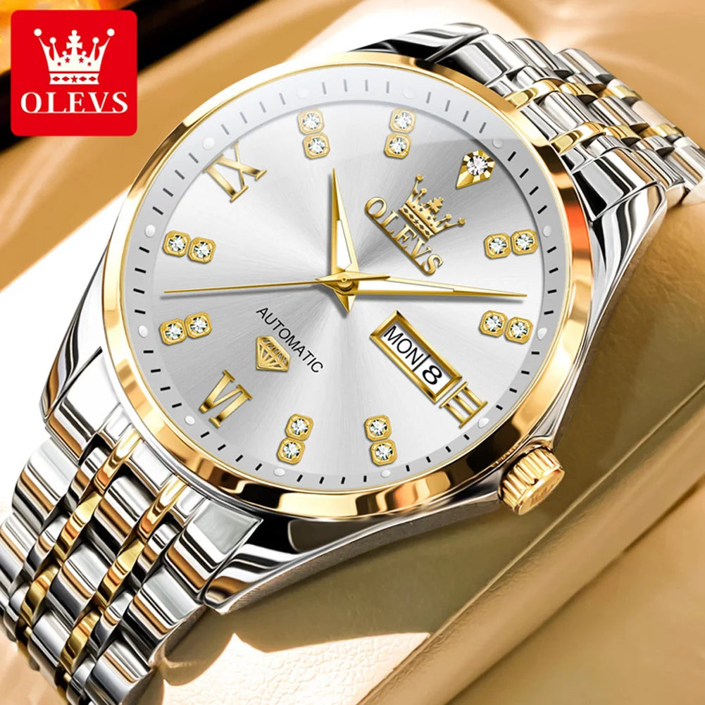 OLEVS 9801 Herrenuhr Wasserdicht Dual Kalender Luxus Mechanische Uhr Für Männer Diamant Zifferblatt Edelstahl Automatische Armbanduhr