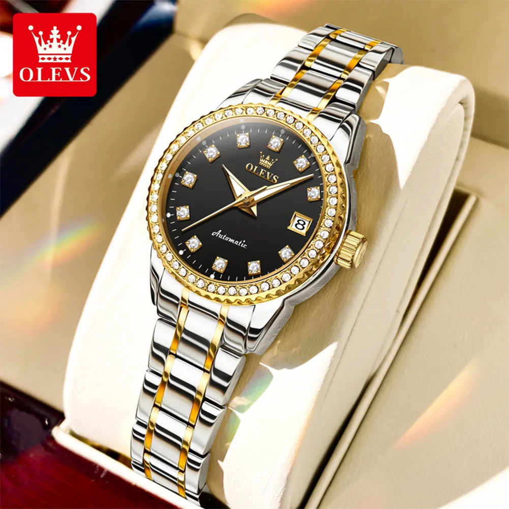 OLEVS 7003 Damen Automatikuhr Diamant-Skala Mechanische Uhr für Damen Stahlarmband Luxus Datum Damenuhr Wasserdicht