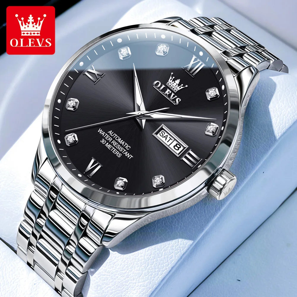 OLEVS Uhren Luxus Herren Business Diamantskala Automatik Mechanische Uhr Doppelkalender Wasserdicht Herren Armbanduhr 9946