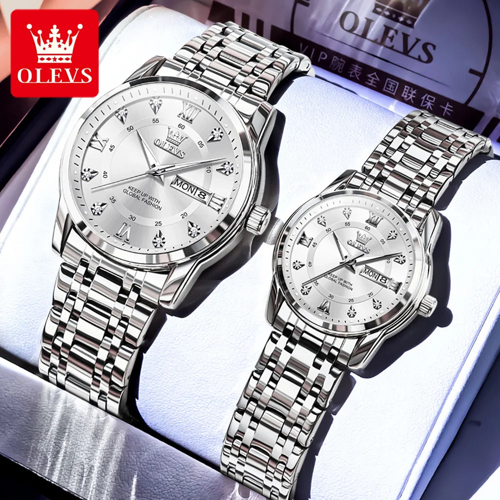 OLEVS 5513 Paar Uhren Luxus Dual-Kalender Quarzuhren für Männer Frauen Original Wasserdicht Leuchtende Diamant-Skala Zeigeruhr