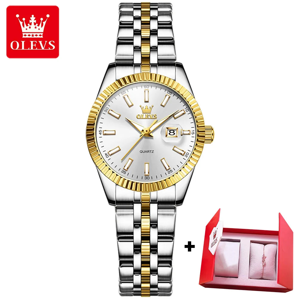 OLEVS 5593 Quarz Damenuhr Top Marke Original Uhr für Frauen Wasserdicht Leuchtend Luxus Kalender Edelstahl Zeigeruhr