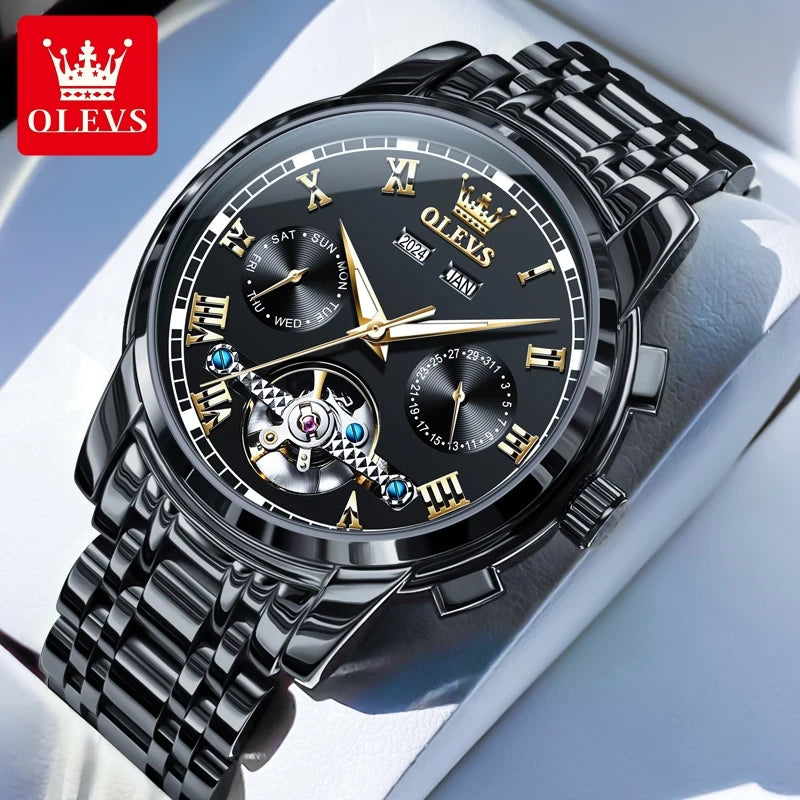 OLEVS Uhren für Herren Luxus-Edelstahl-Schwungrad-Automatik-Uhr Handuhr Woche Datum Wasserdicht Leuchtende Herrenuhr 6607